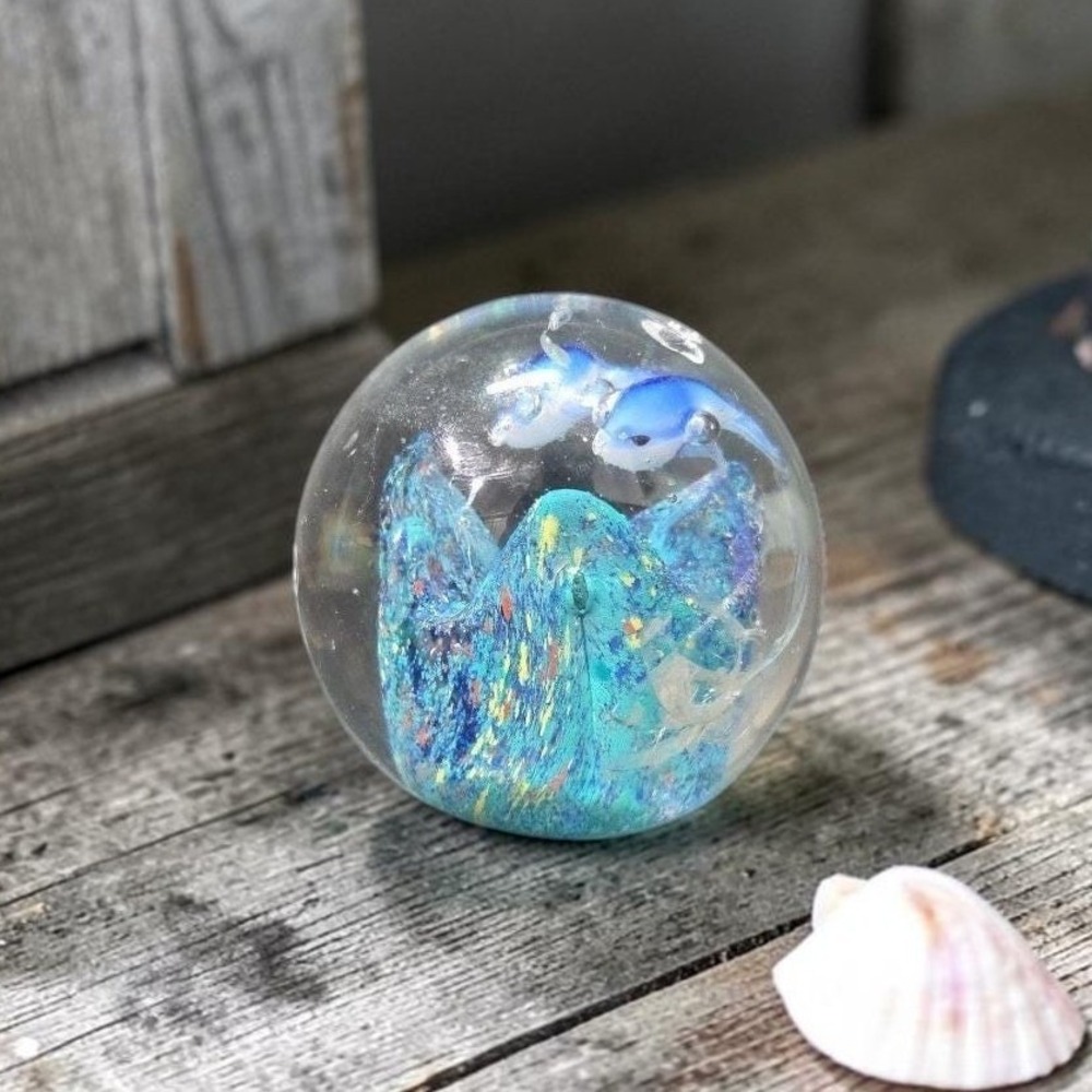Murano Style Nautical Seascape Paperweight, Vtg Dolphins & Reef Heavy Art Glass